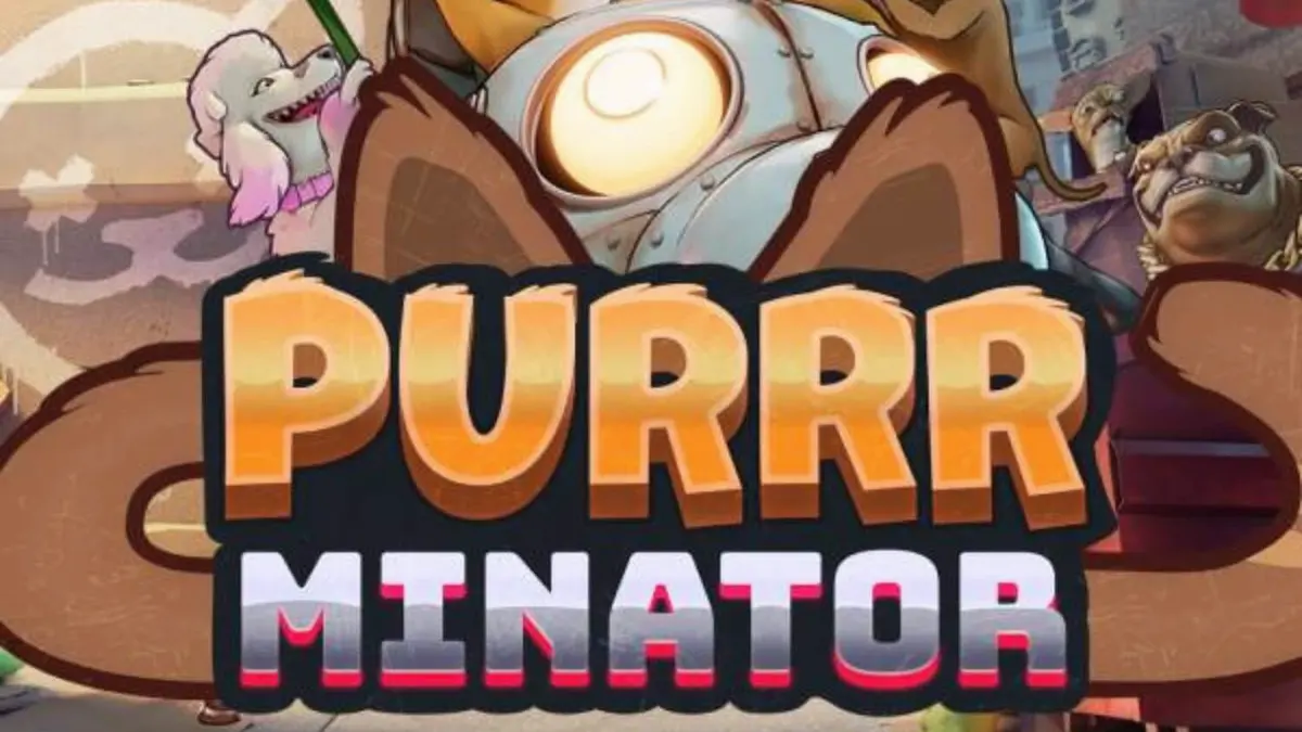 Tampilan visual slot Purrrminator Dream Drop dengan latar belakang kota distopia neon
