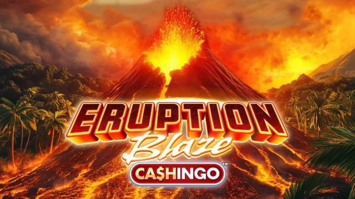Tampilan visual slot Eruption Blaze Cashingo dengan tema gunung berapi dan grid bingo