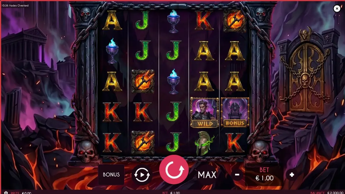 Tampilan visual slot Hades Overlord dengan tema dunia bawah Yunani yang gelap dan penuh api